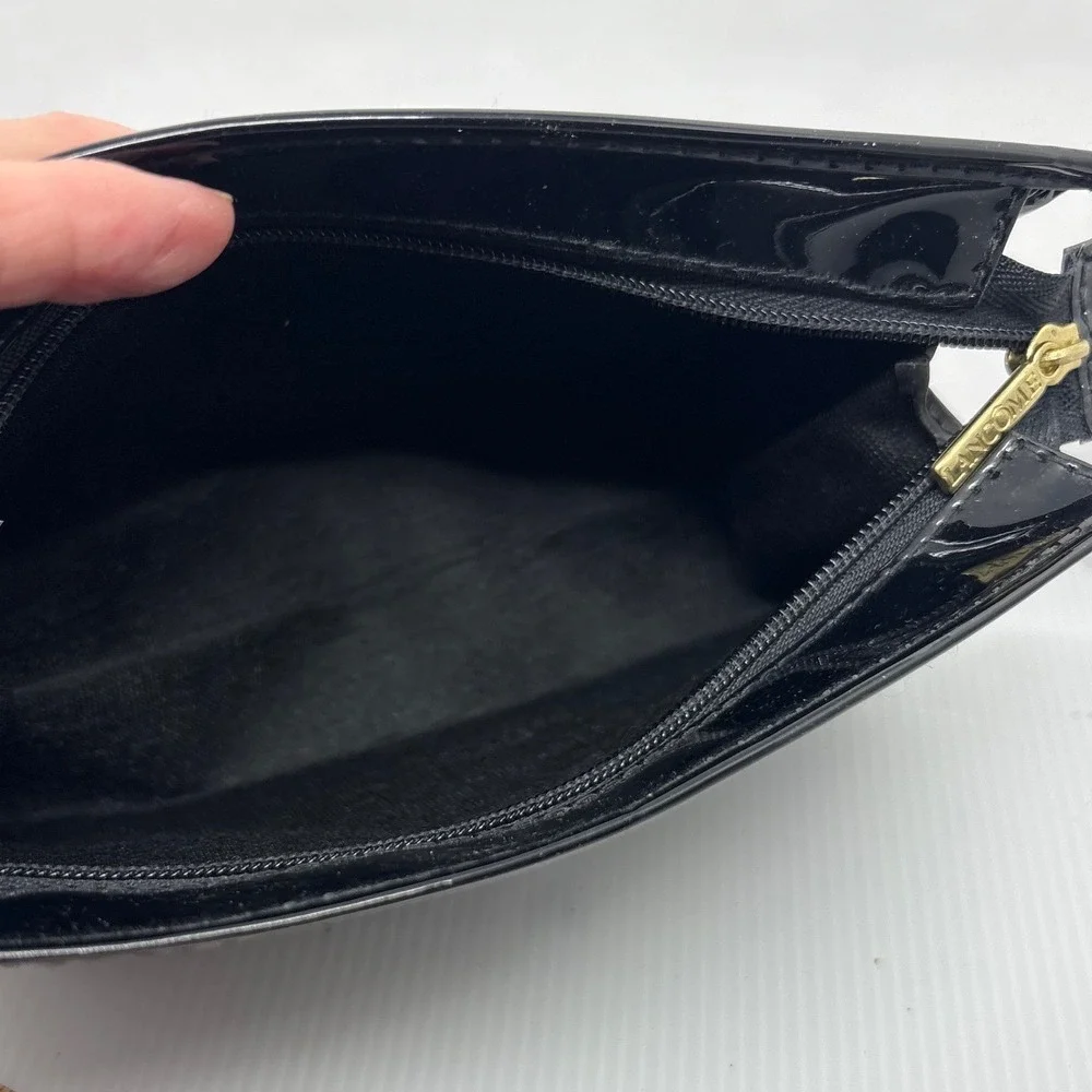 Lancome Black Faux Patent Leather Makeup Bag‎ Gold Logo Zipper Pull Cosmetic Bag